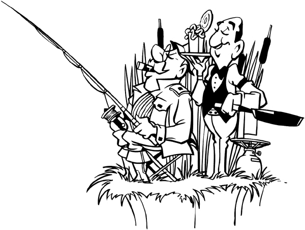Rich man fishing with servant waiting on him vinyl decal. Customize on line. Fishing 038-0074